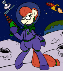 Size: 922x1041 | Tagged: safe, artist:cowsrtasty, oc, oc only, oc:penny inkwell, astronaut, clothes, costume, moon, solo, space, space station, spaceship, spacesuit, stars, sun