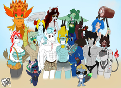 Size: 2000x1457 | Tagged: safe, artist:sanyo2100, oc, oc only, oc:alex live, oc:bacon bits, oc:flicker show, oc:tech gear, oc:zoa, anthro, anthro oc, beach, clothes, nightmare fire, partial nudity, topless