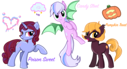 Size: 8500x4600 | Tagged: safe, artist:lifes-remedy, oc, oc only, oc:candy sleet, oc:poison sweet, oc:pumpkin treat, bat pony, earth pony, pony, unicorn, absurd resolution, cutie mark, simple background, transparent background