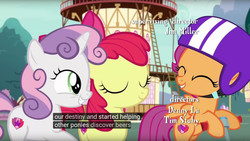 Size: 960x540 | Tagged: safe, screencap, apple bloom, scootaloo, sweetie belle, pony, g4, the fault in our cutie marks, alcohol, beer, cutie mark, cutie mark crusaders, female, filly, meme, the cmc's cutie marks, youtube caption
