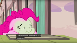 Size: 960x540 | Tagged: safe, screencap, pinkie pie, pony, g4, the cutie map, female, green face, meme, solo, winnie the pink, youtube caption