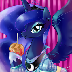 Size: 1800x1800 | Tagged: safe, artist:bigbuxart, princess luna, g4, apple, candy apple, clothes, costume, dress, female, food, looking at you, nightmare night, smiling, solo