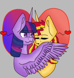 Size: 471x494 | Tagged: safe, artist:illusionestudio, sunset shimmer, twilight sparkle, alicorn, pony, unicorn, g4, eyes closed, female, heart, hug, imminent kissing, lesbian, mare, ship:sunsetsparkle, shipping, twilight sparkle (alicorn)