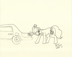 Size: 6011x4763 | Tagged: safe, artist:buster & dawnhorse, oc, oc only, oc:short shift, earth pony, pony, absurd resolution, black and white, car, grayscale, lineart, monochrome, solo, traditional art