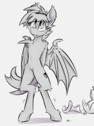 Size: 3504x4681 | Tagged: safe, artist:ralek, oc, oc only, oc:sunny sheila, bat pony, anthro, unguligrade anthro, bat wings, cute, fangs, guilty, hands behind back, monochrome, pottery, solo