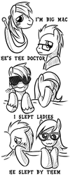 Size: 400x1000 | Tagged: safe, artist:saturnspace, big macintosh, derpy hooves, doctor whooves, fluttershy, time turner, earth pony, pony, g4, aftersex, bed, blushing, comic, female, glasses, grammar error, male, mare, monochrome, ruined for marriage, ship:doctorderpy, ship:fluttermac, shipping, stallion, straight, sunglasses