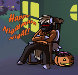 Size: 500x481 | Tagged: safe, artist:ryuspike, rainbow blaze, g4, candy, clothes, costume, crossed arms, food, halloween, holiday, jack-o-lantern, male, nightmare night, overwatch, pumpkin, pumpkin bucket, soldier 76, solo