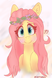 Size: 640x960 | Tagged: safe, artist:speckledspots, fluttershy, g4, blushing, bust, female, floral head wreath, looking at you, portrait, smiling, solo, yay