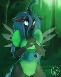 Size: 1280x1607 | Tagged: safe, artist:somescrub, queen chrysalis, changeling, changeling queen, anthro, g4, :<, cave, clothes, dress, female, solo