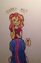 Size: 347x537 | Tagged: safe, artist:phoenix-burning-bright, sci-twi, sunset shimmer, twilight sparkle, equestria girls, g4, dialogue, exclamation point, eyes closed, female, lesbian, marriage proposal, ship:sci-twishimmer, ship:sunsetsparkle, shipping, traditional art