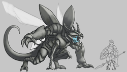 Size: 3000x1718 | Tagged: safe, artist:keilink, changeling, changeling behemoth, anthro, unguligrade anthro, armor, brute, goliath, monochrome, monster, open mouth, partial color, roar, royal guard, simple background, size difference, spear, weapon