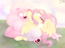Size: 2200x1625 | Tagged: safe, artist:dulcepanque, fluttershy, big cat, lion, pegasus, pony, semi-anthro, g4, alternate hairstyle, bright, clothes, crossover, dress, duo, duo male and female, female, flower, gem, holding, leaning, lion (steven universe), looking at something, looking up, male, mare, pastel, quartz, rose quartz (gemstone), rose quartz (steven universe), smiling, spread wings, steven universe, sword, weapon