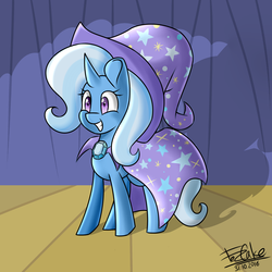 Size: 2500x2500 | Tagged: safe, artist:fezcake, trixie, pony, unicorn, g4, female, grin, high res, smiling, solo, stage, trixie's cape, trixie's hat