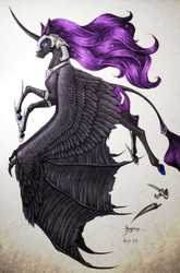 Size: 632x960 | Tagged: safe, artist:begasus, nightmare moon, classical unicorn, g4, cloven hooves, curved horn, female, flying, horn, leonine tail, solo, unshorn fetlocks