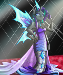Size: 1100x1302 | Tagged: safe, artist:askcolorflare, oc, oc only, oc:sirenity, changeling, lamia, original species, anthro, breasts, carpet, changeling oc, cleavage, clothes, dress, female, jewelry, multiple arms, red carpet, solo