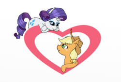 Size: 1326x900 | Tagged: safe, artist:eulicious, applejack, rarity, earth pony, pony, unicorn, g4, applejack's hat, cowboy hat, female, hat, heart, lesbian, looking at each other, mare, ship:rarijack, shipping, simple background, smiling, white background