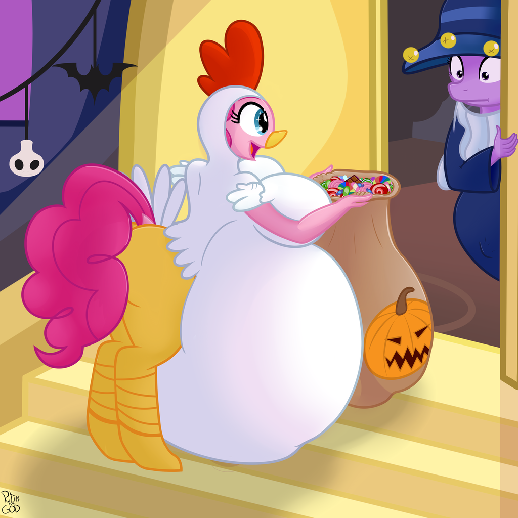 1285885 - questionable, artist:putinforgod, pinkie pie, twilight sparkle,  chicken, anthro, art pack:pregger treat, g4, animal costume, belly, big  belly, big breasts, breasts, busty pinkie pie, chicken pie, chicken pies,  chicken suit, clothes