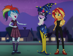 Size: 5829x4481 | Tagged: safe, artist:invisibleink, rainbow dash, sci-twi, star swirl the bearded, sunset shimmer, twilight sparkle, equestria girls, g4, absurd resolution, clothes, costume, crystal prep academy uniform, grease, halloween, halloween costume, rainbow punk, school uniform, star swirl the bearded costume