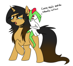 Size: 1183x1069 | Tagged: safe, artist:commypink, derpibooru exclusive, oc, oc only, oc:comana, kirlia, pony, unicorn, crying, female, mare, pokémon, pokémon riding ponies, riding, simple background, spanish, translated in the comments, transparent background