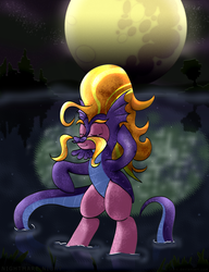 Size: 1614x2104 | Tagged: safe, artist:stec-corduroyroad, steven magnet, oc, oc only, oc:corduroy road, earth pony, pony, g4, bipedal, bodysuit, clothes, costume, eyes closed, facial hair, lake, magnet, male, monster, moon, moustache, night, nightmare, nightmare night, outfit, reflection, solo, stallion, tail, water