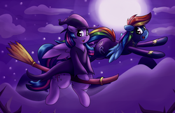 Size: 4003x2581 | Tagged: safe, artist:graphene, rainbow dash, twilight sparkle, alicorn, pony, g4, broom, clothes, cloud, costume, cute, dashabetes, duo, flying, flying broomstick, full moon, hat, looking at you, moon, night, night sky, nightmare night, open mouth, shadowbolt dash, shadowbolts costume, smiling, spread wings, stars, twiabetes, twilight sparkle (alicorn), witch, witch hat
