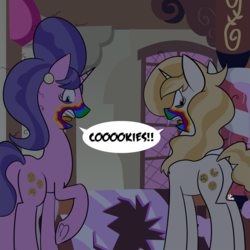 Size: 1000x1000 | Tagged: safe, artist:feralroku, cookie crumbles, sweet biscuit, pony, unicorn, 28 pranks later, g4, butt, cookie zombie, female, horn, mare, messy mane, open mouth, plot, rainbow muzzle, sugarcube corner, tongue out, underhoof