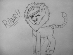 Size: 2560x1920 | Tagged: safe, artist:subimaru_kai, oc, oc only, oc:snowy, manticore, clothes, colt, costume, cute, foal, grayscale, halloween, halloween costume, male, monochrome, nightmare night, nightmare night costume, rawr, solo, traditional art