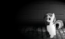 Size: 6000x3599 | Tagged: safe, artist:mkovic, artist:samxjing, dj pon-3, vinyl scratch, pony, unicorn, g4, 3d, absurd resolution, female, grayscale, mare, missing accessory, raised hoof, room, shadow, solo, vector, wallpaper