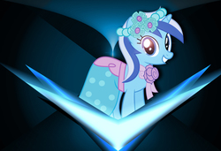 Size: 1400x960 | Tagged: safe, artist:exnaider, artist:mysteriouskaos, minuette, pony, unicorn, g4, bridesmaid dress, clothes, dress, female, flower, glowing, lens flare, looking at you, mare, solo, vector, wallpaper