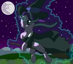 Size: 3507x3052 | Tagged: safe, artist:animanatole, starlight glimmer, pony, unicorn, g4, broom, clothes, costume, cutie mark, female, flying, flying broomstick, forest, full moon, hat, high res, hill, levitation, looking at you, magic, mare in the moon, moon, mountain, night, night sky, one eye closed, self-levitation, shadow, smiling, solo, stars, telekinesis, tree, wink, witch, witch hat