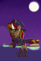 Size: 2000x3000 | Tagged: safe, artist:yakoshi, artist:zogzor, sunset shimmer, pony, unicorn, g4, belt, boots, clothes, collaboration, dress, female, hat, high res, little witch academia, magic, moon, shoes, side slit, skirt, skirt lift, solo, witch, witch hat