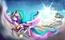 Size: 5557x3449 | Tagged: safe, artist:alumx, princess celestia, g4, absurd resolution, cloud, female, flying, signature, solo