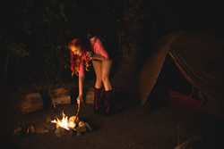 Size: 1024x683 | Tagged: safe, artist:maddymoiselle, photographer:taps, sunset shimmer, human, equestria girls, g4, my little pony equestria girls: legend of everfree, camp everfree, campfire, camping, clothes, cosplay, costume, fire, irl, irl human, legs, photo, pigeon toed, solo