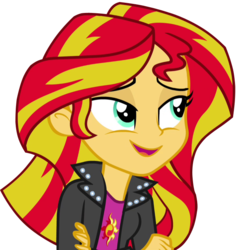 Size: 675x714 | Tagged: safe, artist:stacyhirano34, sunset shimmer, equestria girls, g4, my little pony equestria girls: rainbow rocks, arms, breasts, bust, clothes, crossed arms, female, fingers, hand, happy, leather jacket, lidded eyes, long hair, long sleeves, open mouth, simple background, smiling, solo, teenager, top, transparent background, vector