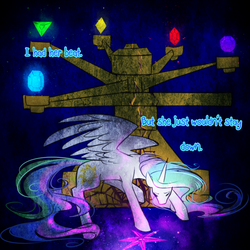 Size: 750x750 | Tagged: safe, artist:cosmalumi, nightmare moon, princess celestia, alicorn, pony, tumblr:ask queen moon, g4, alternate timeline, elements of harmony, fight, solo, the nightmare reigns