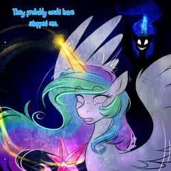 Size: 750x750 | Tagged: safe, artist:cosmalumi, nightmare moon, princess celestia, tumblr:ask queen moon, g4, alternate timeline, elements of harmony, the nightmare reigns