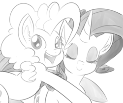 Size: 1000x838 | Tagged: dead source, safe, artist:reiduran, pinkie pie, rarity, g4, duo, eyes closed, monochrome, open mouth, sketch, smiling