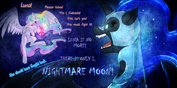 Size: 1280x640 | Tagged: safe, artist:cosmalumi, nightmare moon, princess celestia, tumblr:ask queen moon, g4, alternate timeline, elements of harmony, fight, the nightmare reigns