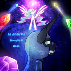 Size: 750x750 | Tagged: safe, artist:cosmalumi, nightmare moon, princess celestia, tumblr:ask queen moon, g4, alternate timeline, elements of harmony, fight, the nightmare reigns