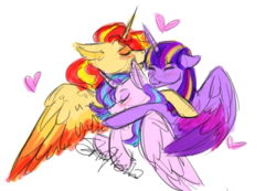 Size: 936x649 | Tagged: safe, artist:samphonia, starlight glimmer, sunset shimmer, twilight sparkle, alicorn, pony, g4, alicorn triarchy, alicornified, blushing, cute, daydream shimmer, eyes closed, female, glimmerbetes, group hug, heart, hug, lesbian, magical trio, not flurry heart, ot3, polyamory, race swap, rainbow power, shimmerbetes, shimmercorn, ship:shimmerglimmer, ship:sunsetsparkle, ship:twistarlight, shipping, signature, simple background, starlicorn, twiabetes, twilight sparkle (alicorn), twilight's counterparts, twishimmerglimmer, white background, wings