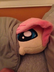 Size: 3264x2448 | Tagged: artist needed, safe, fluttershy, g4, bed, cute, high res, irl, nom, photo, plushie, shyabetes