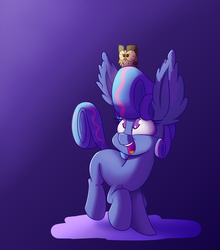 Size: 1100x1250 | Tagged: safe, artist:heir-of-rick, owlowiscious, oc, oc:sapphire lollipop, g4, animal hat, cute, duo, ear fluff, gradient background, hat, impossibly large ears, looking up, no pupils, open mouth, perch, purple background, raised hoof, simple background, smiling, walking, younger