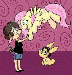 Size: 632x652 | Tagged: safe, artist:technicolor pie, fluttershy, deer, pegasus, pony, rabbit, g4, :3, cute, daaaaaaaaaaaw, eye contact, female, flying, furry, looking at each other, looking up, mare, open mouth, smiling, spread wings, tail, wings