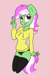 Size: 694x1073 | Tagged: safe, artist:dativyrose, oc, oc only, oc:mint condition, anthro, black underwear, clothes, hoodie, peace sign, socks, solo, tongue out, underwear, watermark