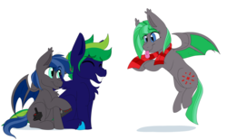 Size: 2000x1242 | Tagged: safe, artist:melchiorflyer, oc, oc only, oc:combo breaker, oc:frame perfect, oc:pixel perfect, bat pony, pegasus, pony, clothes, colt, cutie mark, eyes closed, female, filly, flying, laughing, male, scarf, simple background, sitting, stallion, tongue out, transparent background