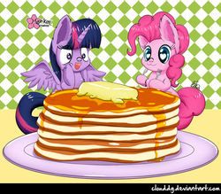 Size: 1029x900 | Tagged: safe, artist:clouddg, pinkie pie, twilight sparkle, alicorn, earth pony, pony, g4, :3, butter, chibi, cute, diapinkes, duo, food, heart eyes, micro, open mouth, pancakes, plate, starry eyes, syrup, tiny, tiny ponies, twiabetes, twilight sparkle (alicorn), wingding eyes
