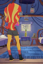 Size: 356x528 | Tagged: safe, screencap, sunset shimmer, equestria girls, g4, my little pony equestria girls: legend of everfree, animated, ass, butt, camp everfree outfits, clothes, female, gif, legs, offscreen character, shorts, solo