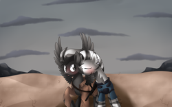 Size: 1024x640 | Tagged: safe, oc, oc only, oc:haefen, oc:technosawr, zebra, fallout equestria, blushing, eyes closed, gay, kissing, male, spread wings, surprise kiss, surprised