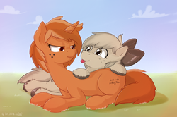 Size: 2716x1808 | Tagged: safe, artist:dsp2003, artist:lalieri, oc, oc only, oc:sign, oc:stone, pony, pony town, cloud, collaboration, female, freckles, tongue out