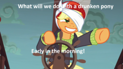 Size: 1280x720 | Tagged: safe, edit, edited screencap, screencap, applejack, g4, ppov, boat, captain jackbeard, clothes, female, image macro, meme, sea shanty, solo